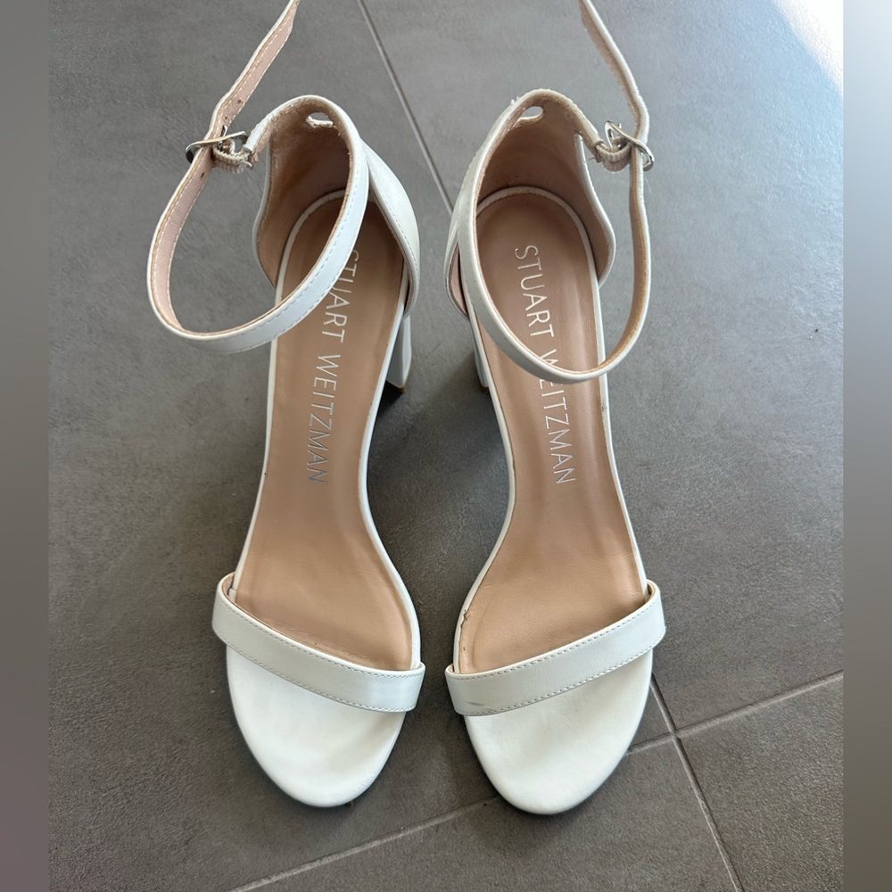 Stuart Weitzman White Block Heel Sandals